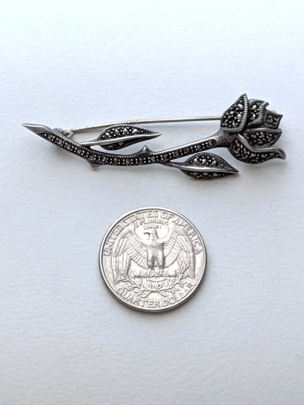Beautiful Vintage Designer Sterling Silver 925 Marcasite Rose Flower Brooch Pin
